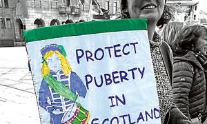 Anti-puberty blocker campaigners in Dundee yesterday.