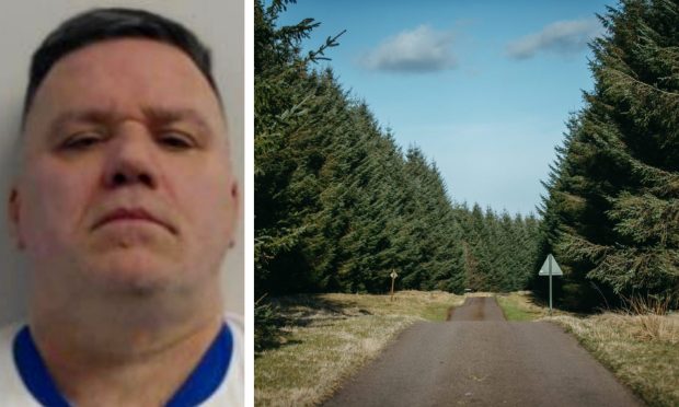 Killer Iain Packer, left, and the forest in Roberton, where Emma Caldwell's body was found.