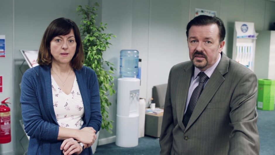 Jo with Ricky Gervais in David Brent: Life on the Road.