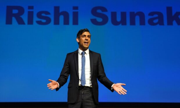 Prime Minister Rishi Sunak speaking on the first day of the Scottish Conservative party conference at the Scottish Event Campus (SEC) in Glasgow. Image: PA