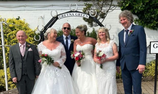 Dave, Sharron, Craig, Claire, Kate and Jon on their big day in Gretna.