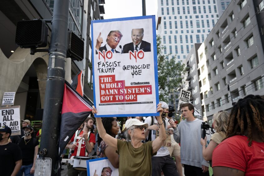 Pro-Palestinian protesters display their contempt for Trump and Biden.