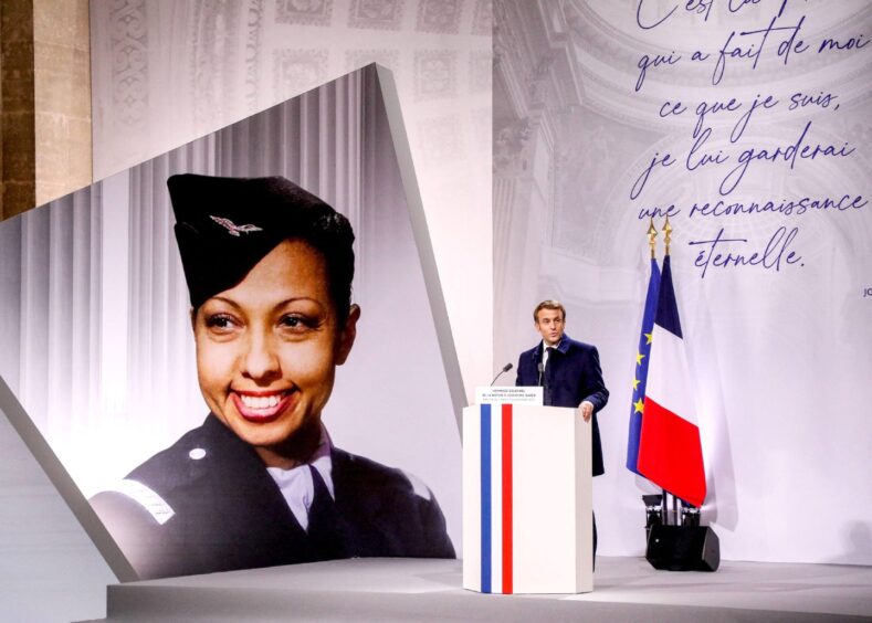 Emmanuel Macron delivers a speech at the ceremony of Josephine Baker's entry to the Pantheon in Paris in 2021. 