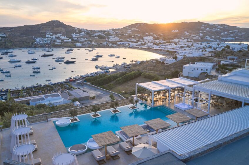 Luxurious sun loungers in the grounds of the Theoxenia Mykonos hotel.