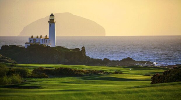 Turnberry Lighthouse and Ailsa Craig viewed from Trump Turnberry hotel.