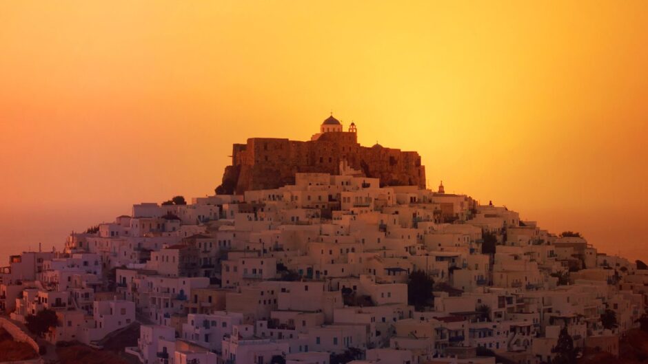 The picturesque castle looks over Astypalaea at sunrise.