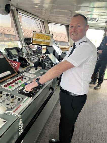 Michael Dalgaty on the bridge of the Hebridean Isles for the last time.