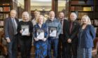 Sir Alexander McCall Smith, Anne Forte (second place), Lin Anderson (back), joint winners Carol Kirkwood and Paul Durrant, The Sunday Post Editor Dave Lord, Peter Bray and Alex Gray at the Royal Scot Club in Edinburgh.