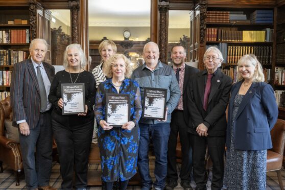 Sir Alexander McCall Smith, Anne Forte (second place), Lin Anderson (back), joint winners Carol Kirkwood and Paul Durrant, The Sunday Post Editor Dave Lord, Peter Bray and Alex Gray at the Royal Scot Club in Edinburgh.