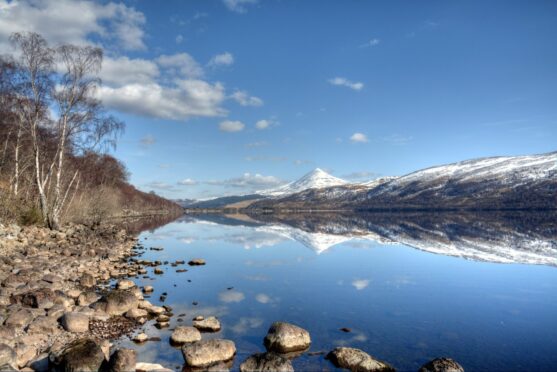 The shores of Loch Rannoch with the peak of Schiehallion.