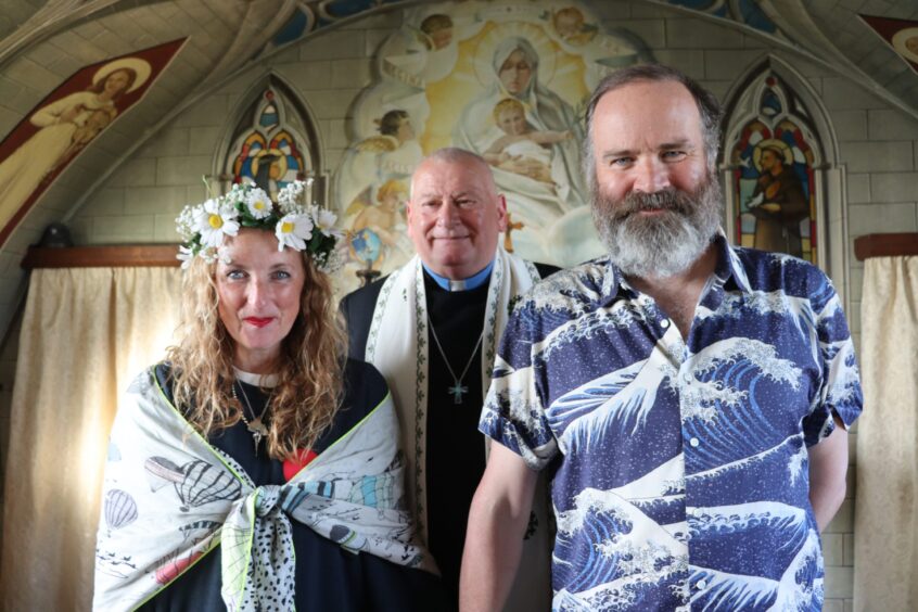 The couple renewing vows at the Italian Chapel, Orkney.