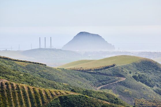 Three stacks and a rock overlook the town.