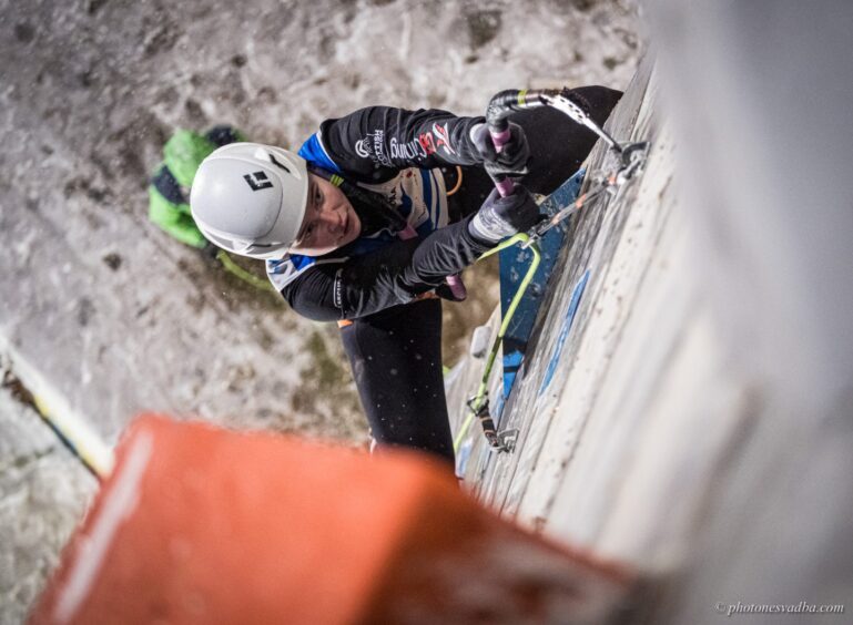 Caitlin Connor competing at UIAA Ice Climbing Continental Open 2024 in Brno, Czechia.