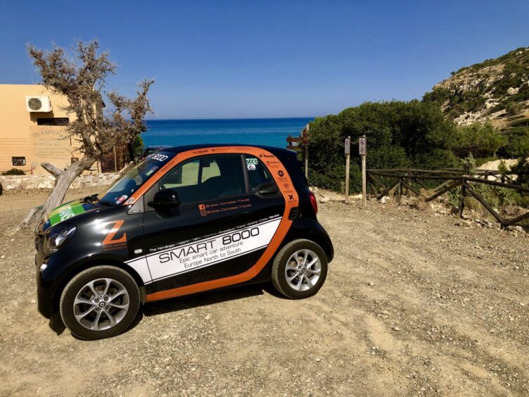 The Smart car in sunnier climes at Gavdos, Greece on a a trip from Europe's northernmost tip to its southernmost point.