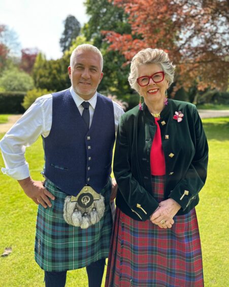 Paul and Prue wore their tartans for a New Year Bake Off special.