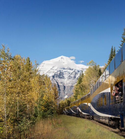 The Rocky Mountaineer heads towards Canada’s majestic Mount Robson.