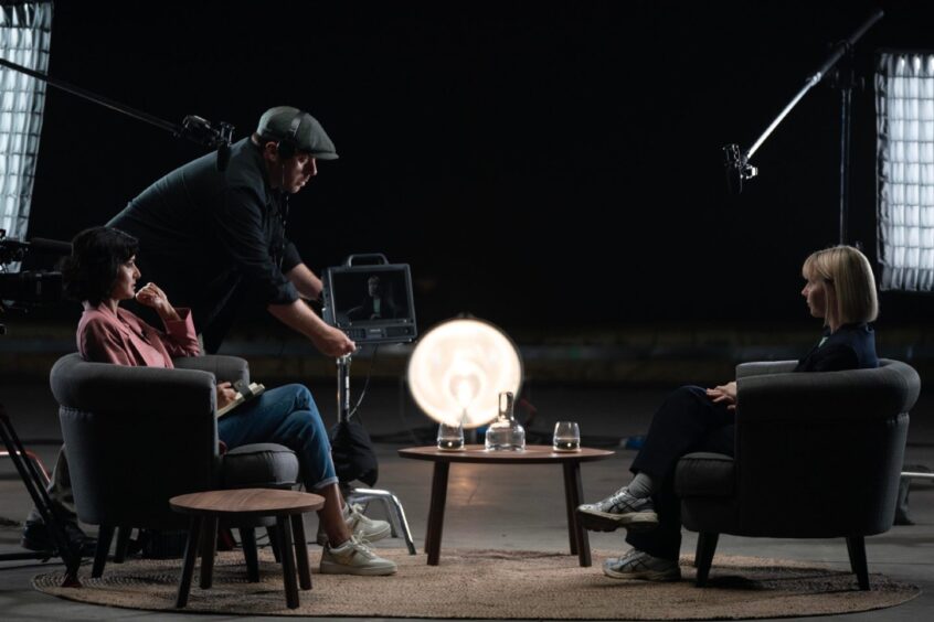 Lauren filming a scene with Rakhee Thakrar.