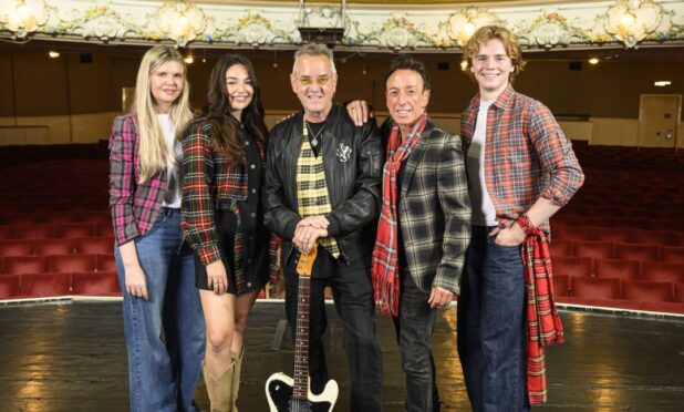 Bay City Rollers Stuart Woody Wood and John McLaughlin (centre) with some of the musical's cast Dani Heron, Chiara Sparkes and Joe Gill.