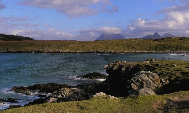 LOOKING OVER ACHNAHAIRD BAY- AN INLET ON ENARD BAY, WITH A VIEW TO THE MOUNTAINS OF THE INVERPOLLY NATURE RESERVE (INCLUDING STAC POLLY AND CUL BEAG) BEYOND, ON THE WEST COAST OF ROSS AND CROMARTY