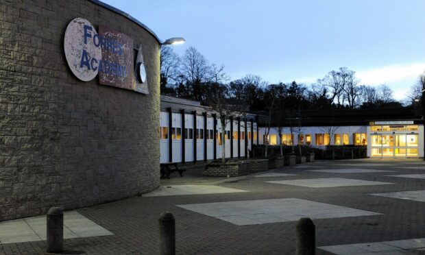 Exterior of Forres Academy at dusk.