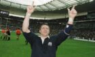Alan Tait of Scotland celebrates after Scotland beat France in the Five Nations Rugby Championship played at the Stade de France, Paris, France, April 1999.