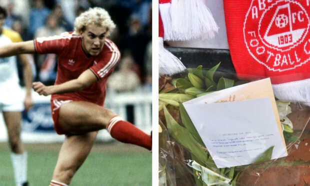 Neale Cooper in his playing days and tributes left for him at Pittodrie.