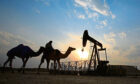a man rides a camel through the desert oil field and winter camping area of Sakhir, Bahrain.