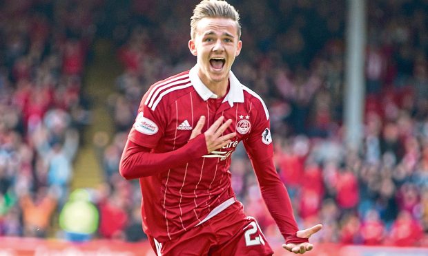 Aberdeen's James Maddison celebrates scoring against Rangers at Pittodrie.