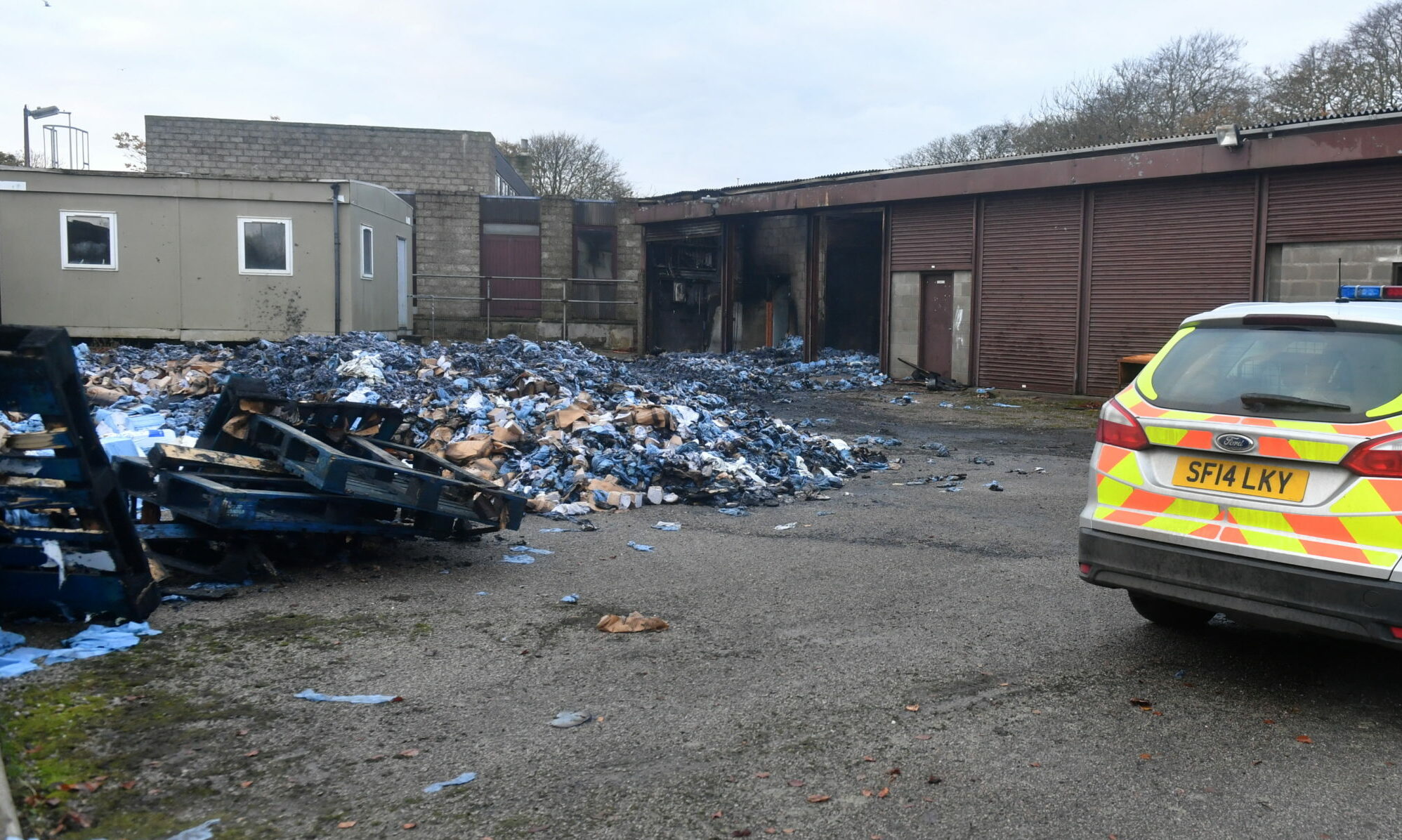 The former Territorial Army barracks building blackened after the 2019 fire was extinguished.