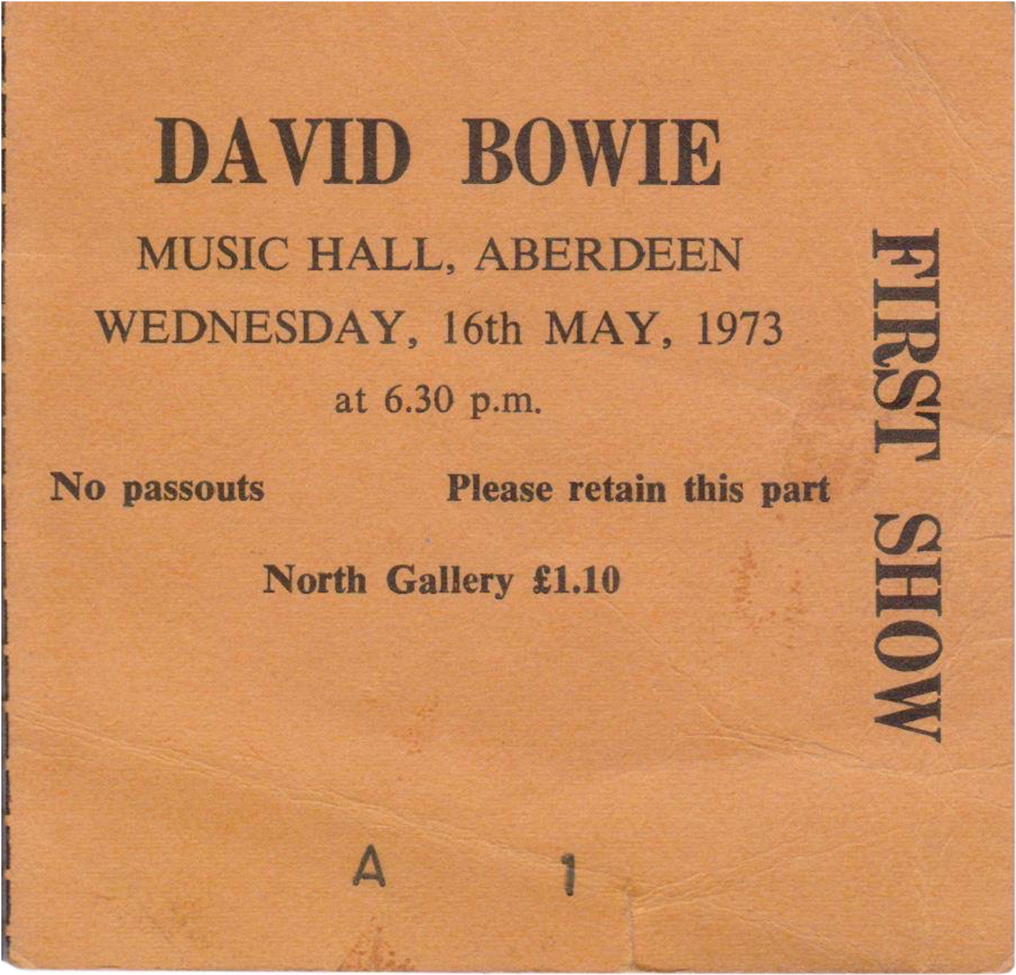 Ticket for 1973 David Bowie gig at Aberdeen Music Hall.