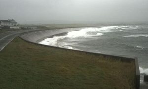 The Braighe causeway on the Western Isles where a flood warning has been issued.