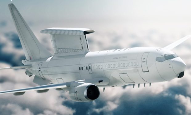 Artist impression of Wedgetail plane in sky above clouds.
