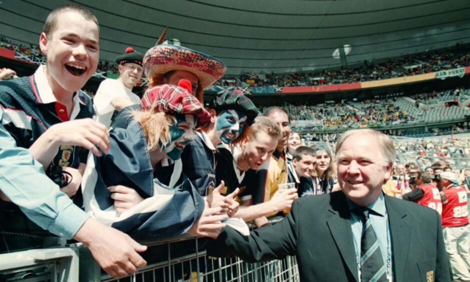 Craig Brown meets Scotland fans before the opening game of the World Cup of the World Cup in 1998. Image: PA.