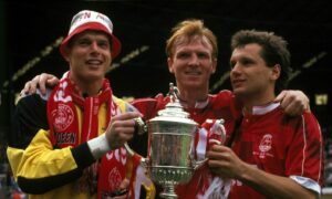 Aberdeen's Theo Snelders, Alex McLeish and Hans Gillhaus with the Scottish Cup in 1990.