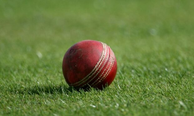 A cricket ball on cricket pitch.