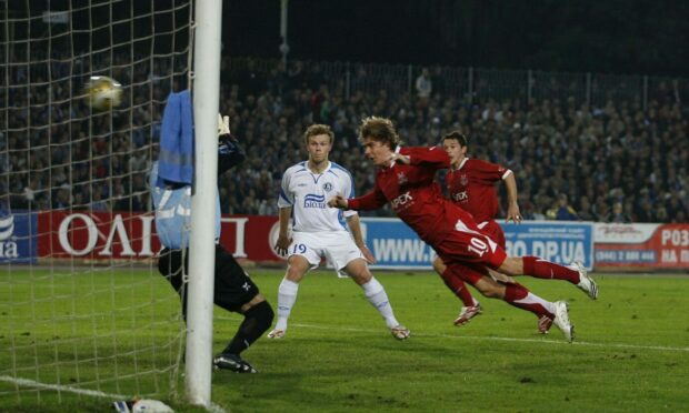 Darren Mackie scores the £1m goal in the 1-1 draw with Dnipro in Ukraine in 2007. Image: Newsline