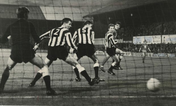 Aberdeen's Francis Munro completes his hat-trick against Reykjavik at Pittodrie in 1967.