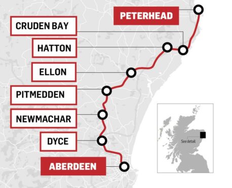 This map shows what stations the CNER would want trains to stop at if the Aberdeen to Peterhead railway line was reopened.