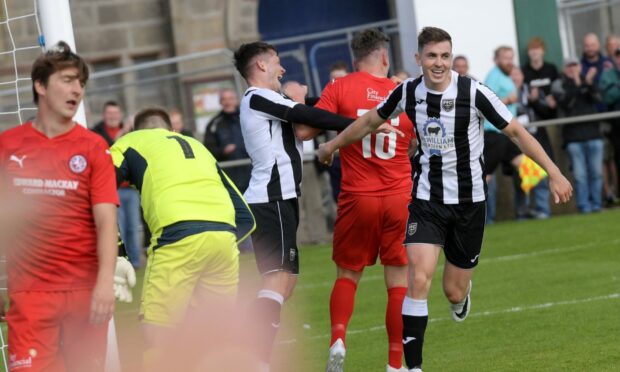 The suspended Paul Campbell celebrates one of Fraserburgh's goals in their victory over Brora Rangers back in August.