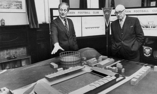 Aberdeen directors Dick Donald and Chris Anderson in 1980 with a model of Pittodrie. Image: DC Thomson.