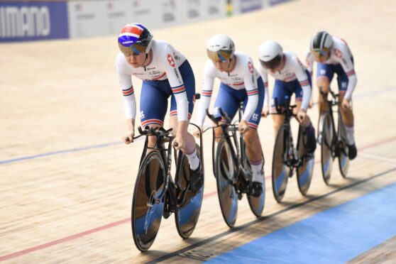 Katie Archibald, Megan Barker, Neah Evans and Josie Knight of Great Britain in action during the women's team pursuit qualifying.