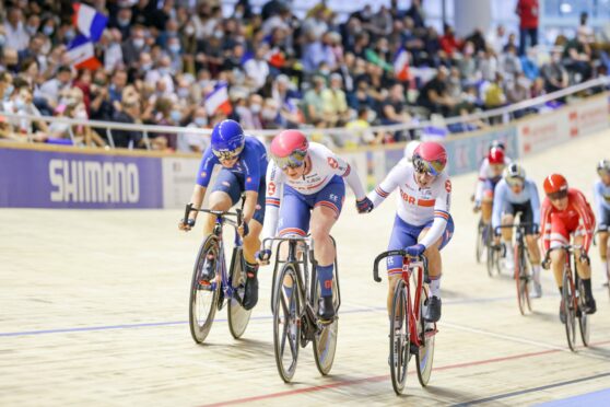 Great Britain's Katie Archibald and Neah Evans race in the women's madison final.