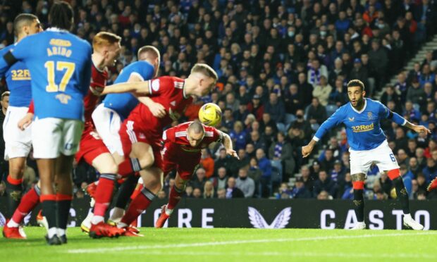 Aberdeen's Scott Brown makes it 2-0 against Rangers at Ibrox.