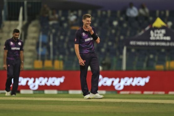 Scotland bowler Bard Wheal looks on during Namibia's run chase.