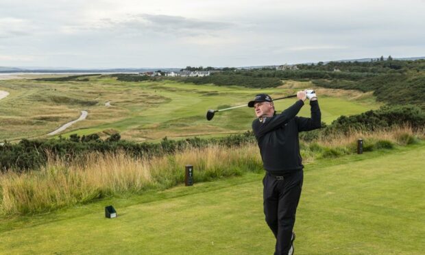 Paul Lawrie teeing off on the 7th hole (Championship) at Royal Dornoch. Photo credit: Royal Dornoch GC.