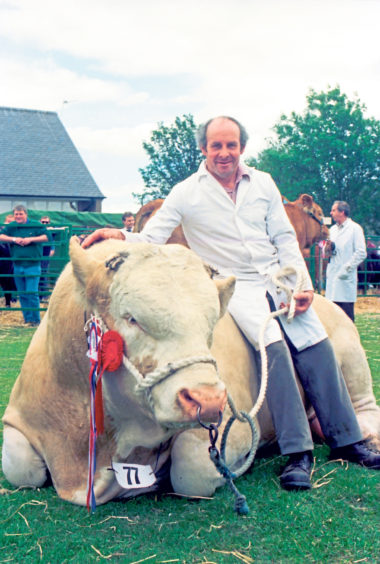 Stockman Gibby Scott with his Simmental bull owned by Sir Denis Mountain, Delfur Farms, Rothes, Moray. The Simmental went on to win the Overall Champion title at the show