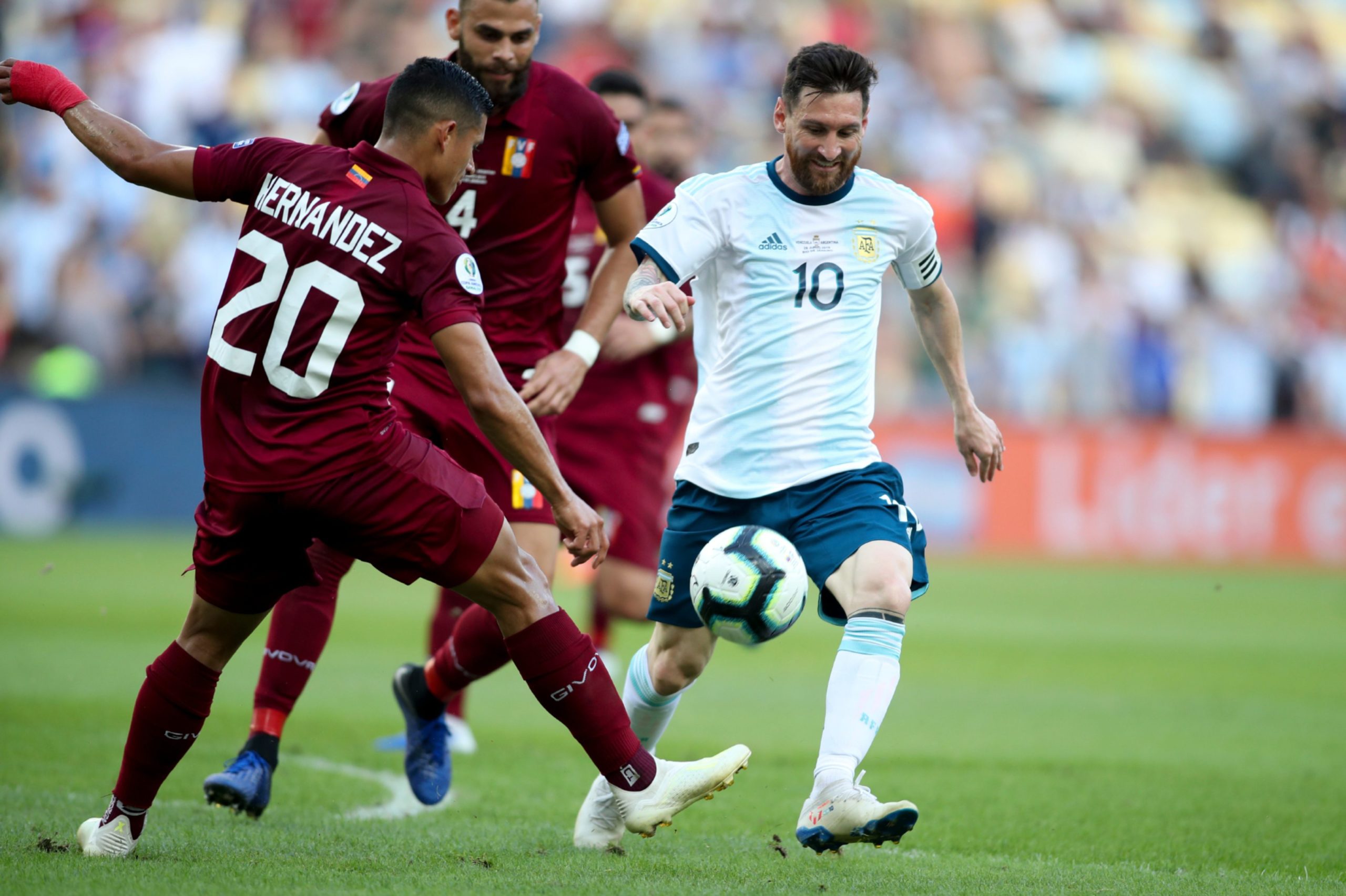 Argentina's Lionel Messi, right, and Venezuela's Ronald Hernandez vie for the ball during the 2019 Copa America quarter-final at Rio de Janeiro's Maracana.