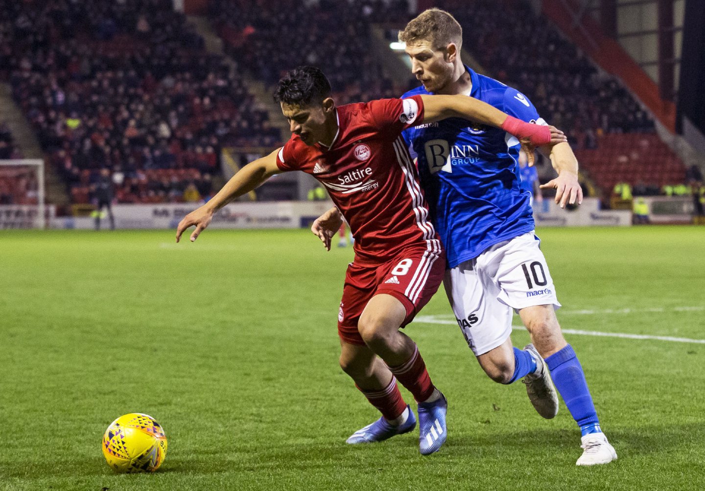 Aberdeen's Ronald Hernandez is challenged by St Johnstone's David Wotherspoon during the Ladbrokes Premiership match between Aberdeen and St Johnstone at Pittodrie Stadium on February 5.