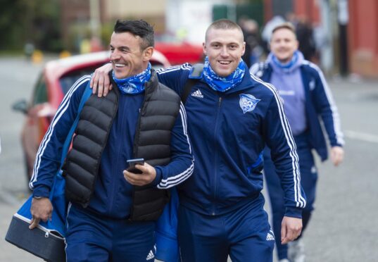 Peterhead midfielder Gary Fraser, right, with team-mate Derek Lyle.