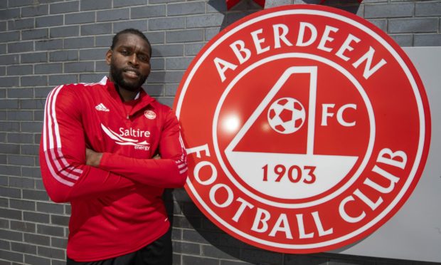 Aberdeen's Jay Emmanuel-Thomas at Cormack Park as the Dons prepare for the Euro tie with BK Hacken.